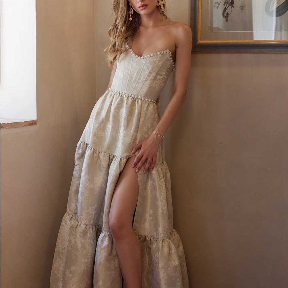 V. Chapman The Vivian Dress in Taupe Windsor Brocade